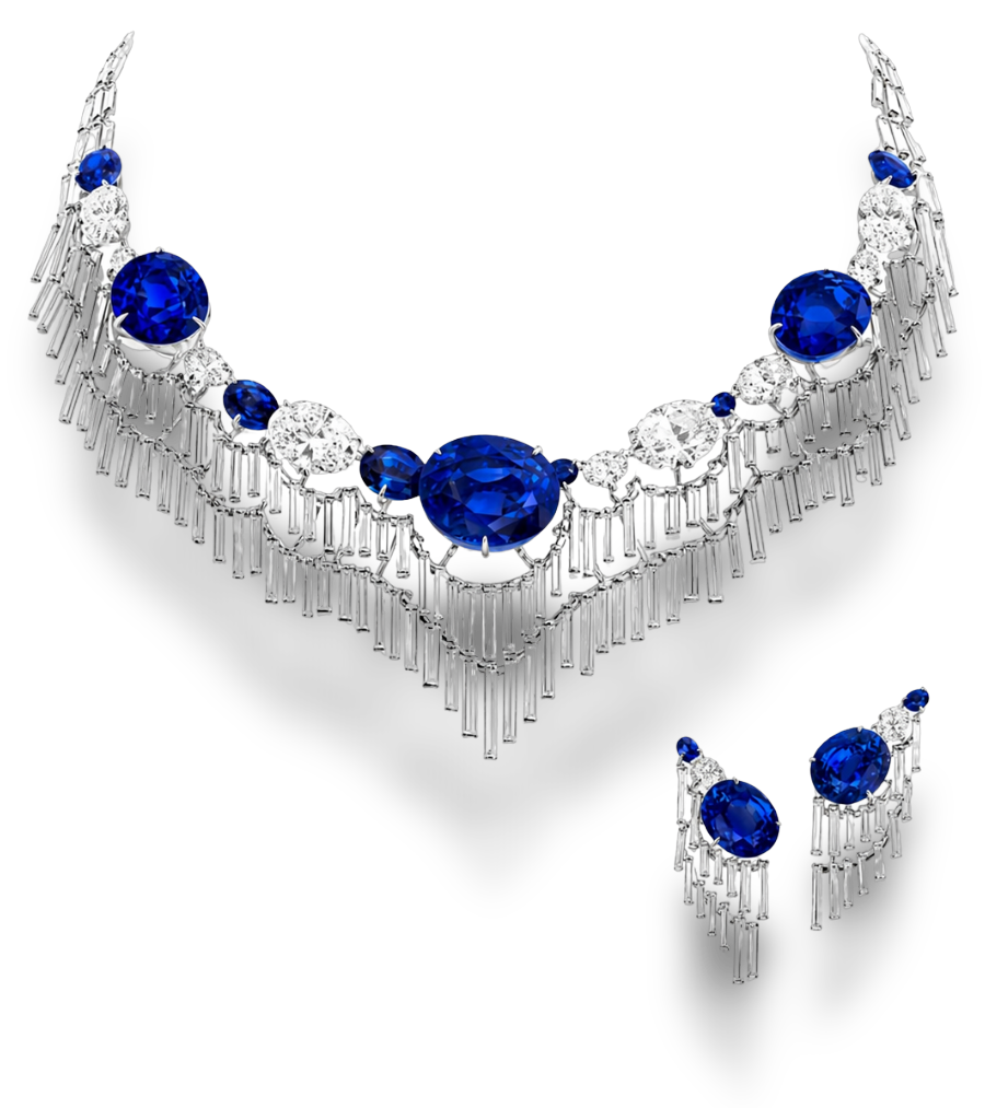 Sapphire and diamond high jewellery suite — fringe necklace with oval blue sapphires and diamond baguette tassels, with matching drop earrings