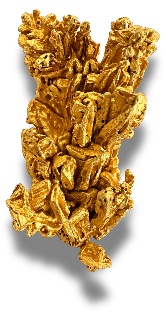 Rare natural gold crystalline formation, raw uncut gold mineral specimen with leafy dendritic crystal habit