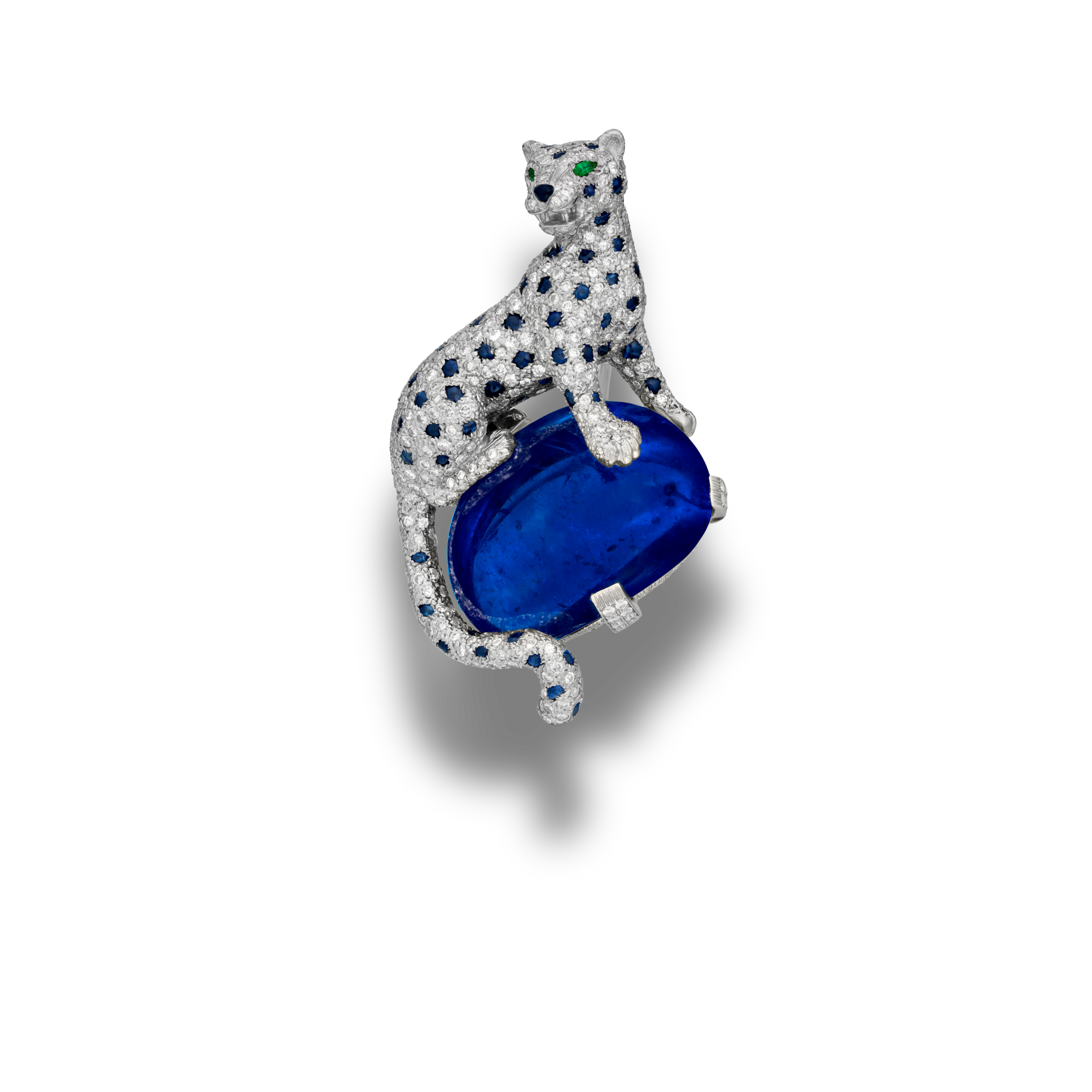 Cartier sapphire panther brooch with blue cabochon and enamel detailing