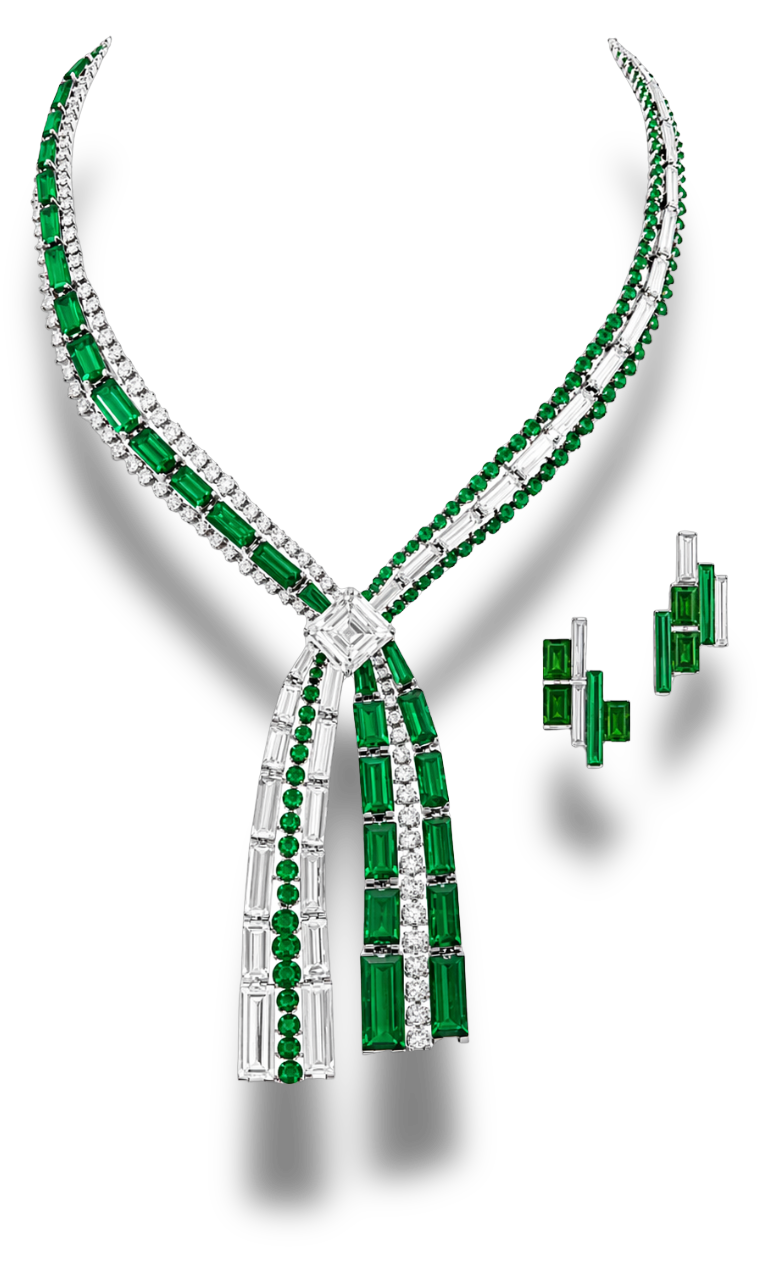 Emerald and diamond high jewellery suite — knotted rivière necklace with emerald baguettes and white diamonds, with matching earrings