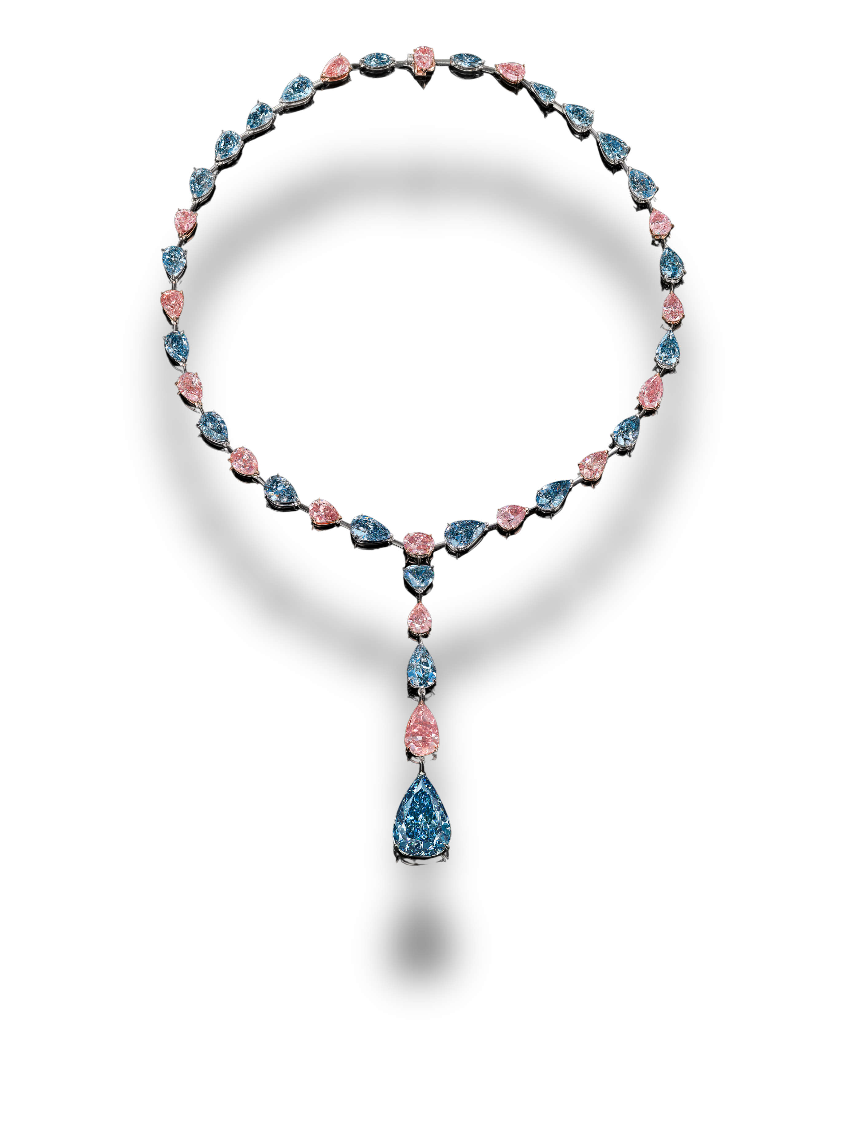 Natural blue and pink diamond necklace with pear-shaped drop pendant