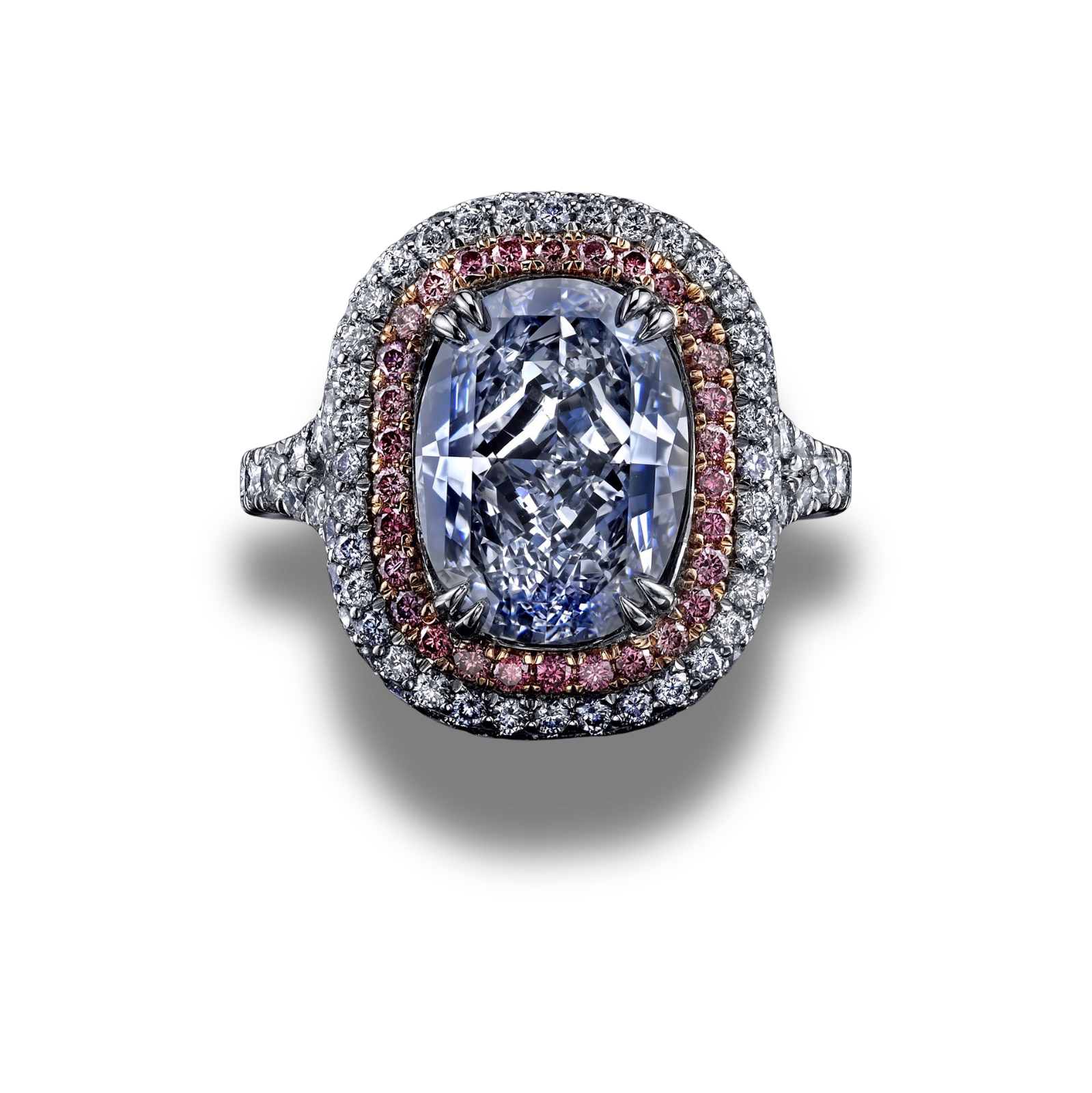 Natural blue and pink diamond ring with white diamond surround