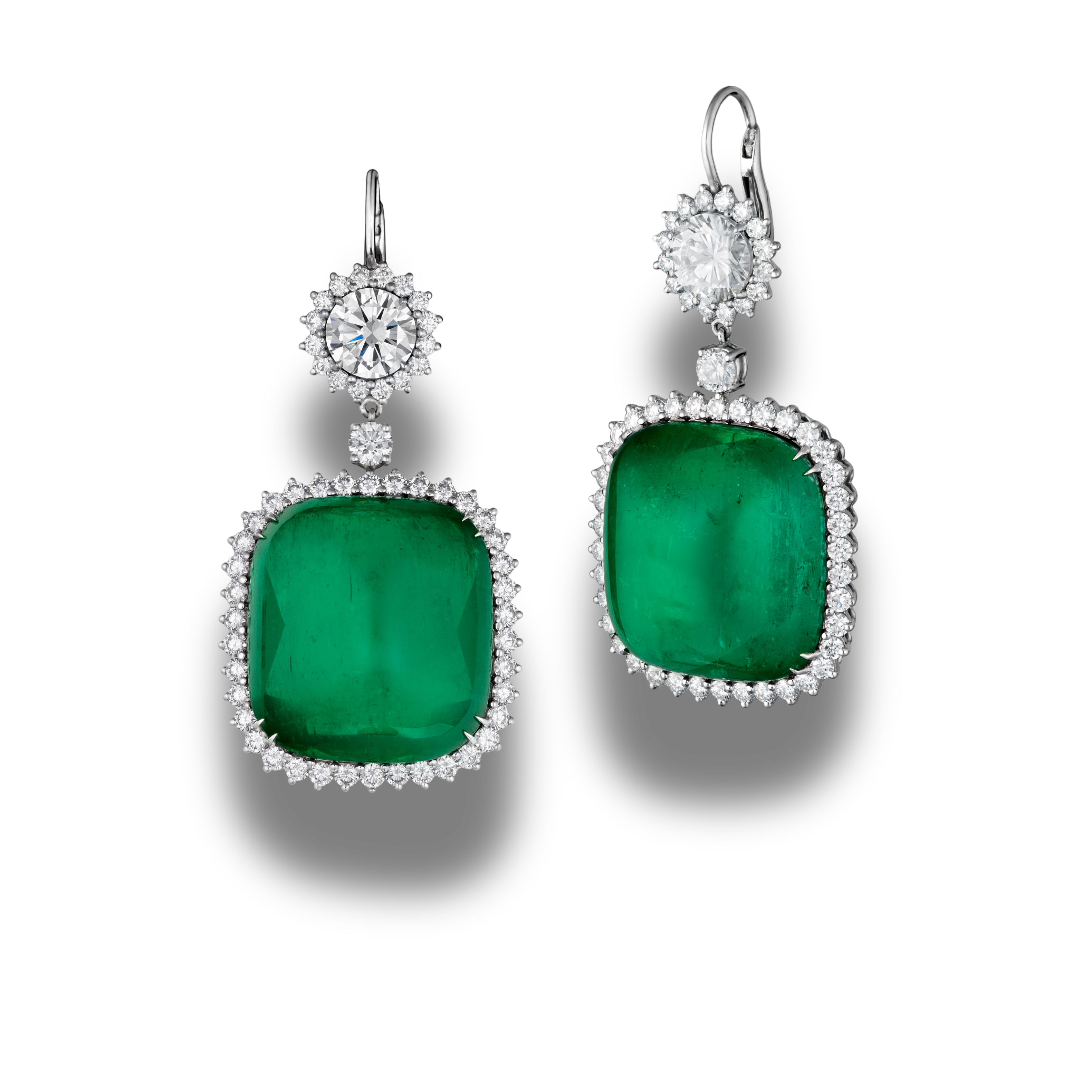 Natural Colombian emerald drop earrings with diamond surround