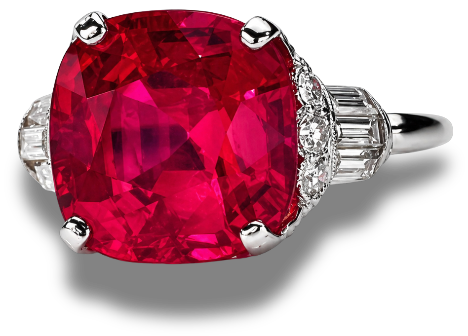 Art Deco unheated Burmese ruby ring with cushion-cut centre stone and stepped baguette diamond shoulders in platinum