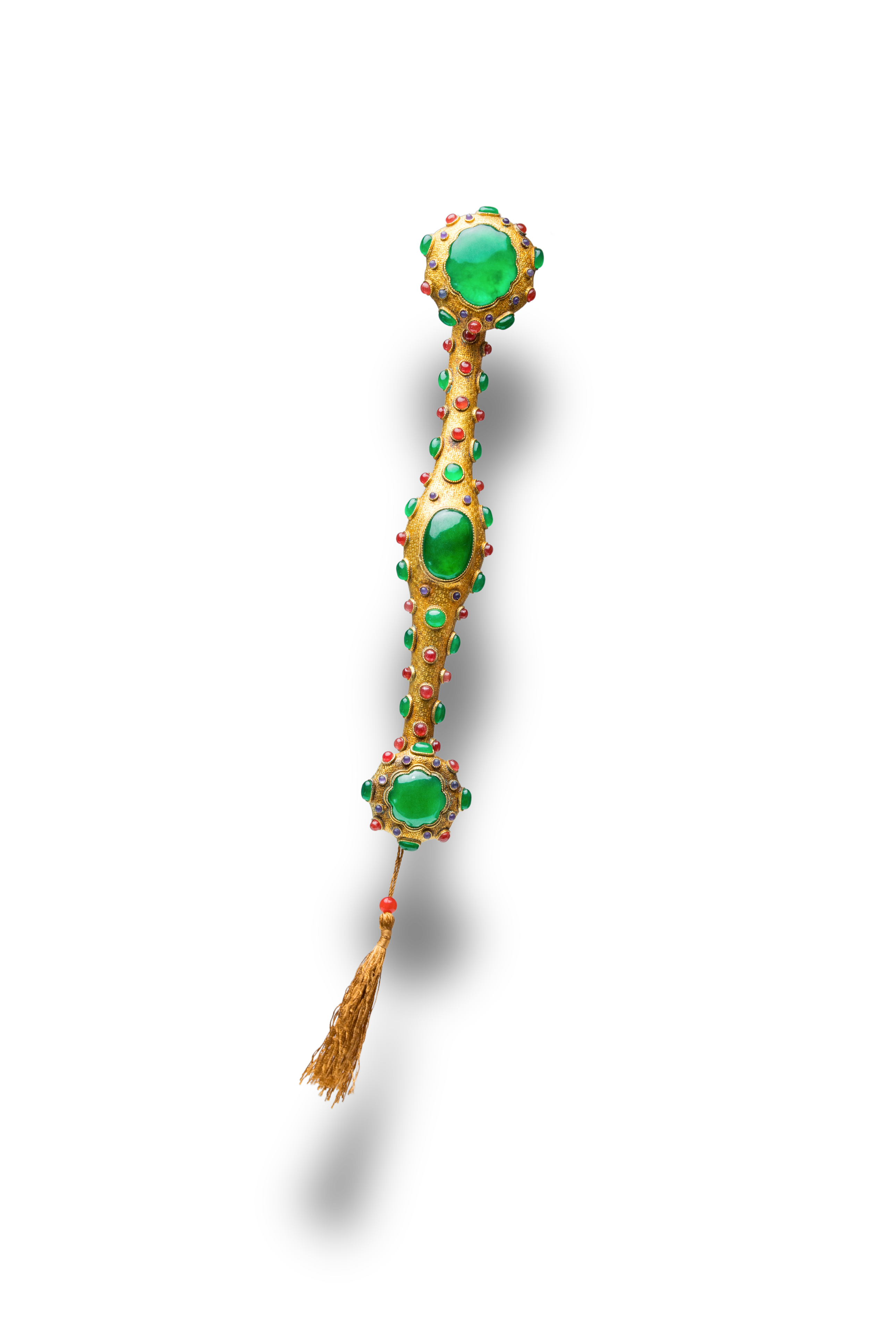 Jadeite ceremonial ruyi sceptre with gold mounts, Qing dynasty China 1800s